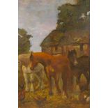 In the style of Herrin, ponies in a paddock, C19th oil on canvas, 20" x 24"