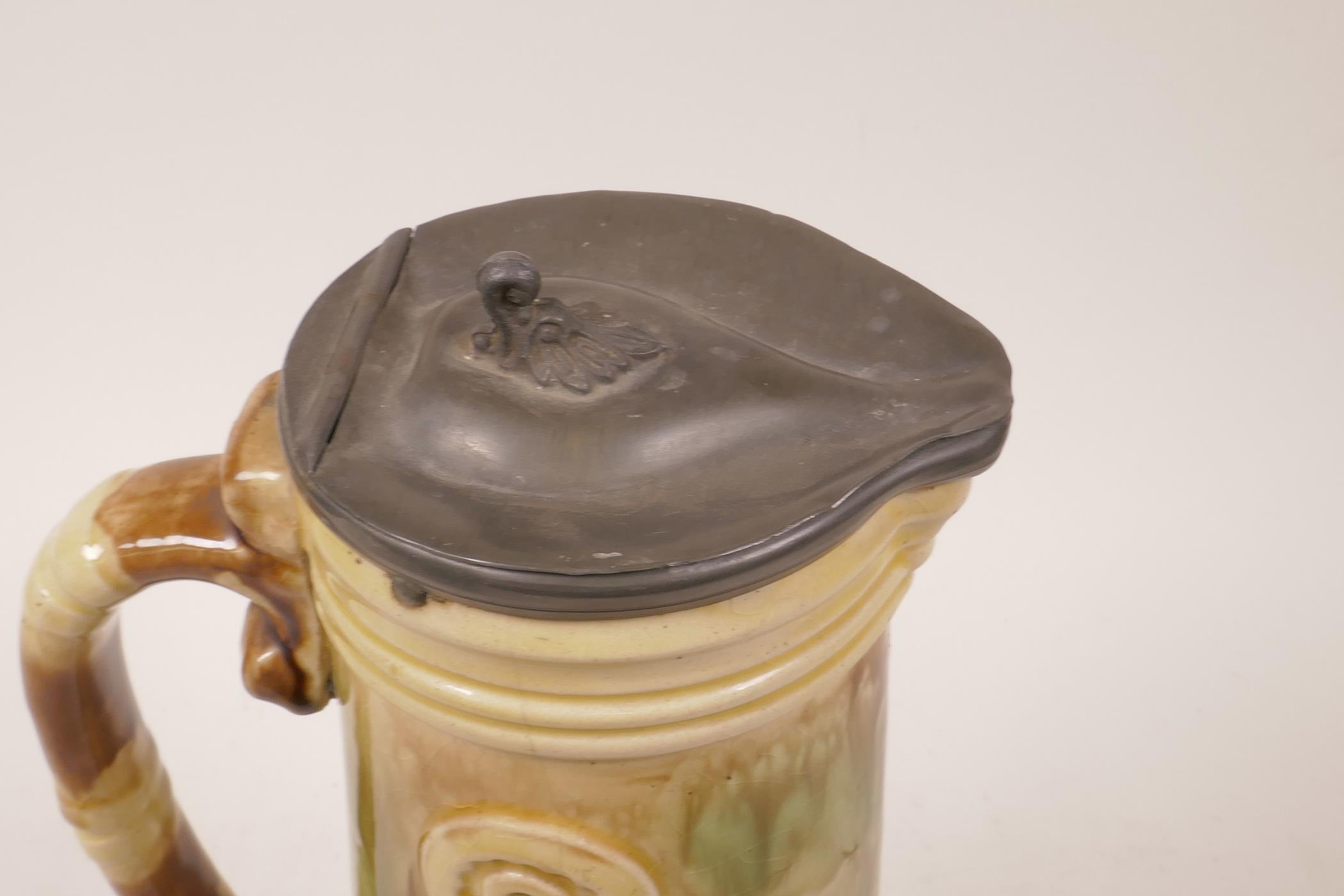 A majolica jug with pewter lid, 11½" high - Image 5 of 6