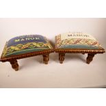 A pair of contemporary footstools with carved decoration on turned supports, the upholstered tops