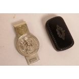 A Georgian silver inlaid papier mache snuff box, A/F, 2" long, and a Mexican silver money clip