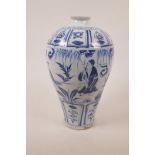 A Chinese blue and white pottery meiping vase, decorated with figures in a landscape, 12" high