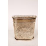 A Chinese white metal box with cover, incised decoration and calligraphy, marks to base, 3½" high