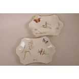A pair of Wedgwood creamware serving dishes painted with birds and butterflies, 10½" x 7"