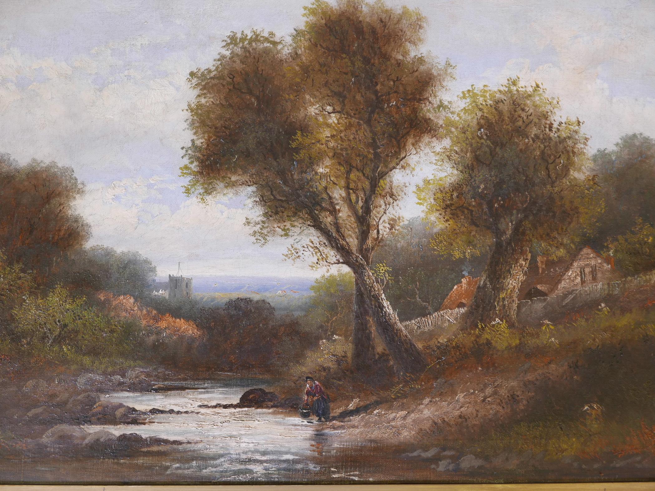 Attributed to E. Horton, landscape with woman by a stream, unsigned, 20" x 30"
