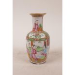 A Chinese cantonese enamelled porcelain vase decorated with figures, birds and flowers, 5½" high