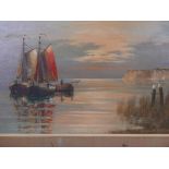 Seascape with moored fishing boats, mid C20th, signed indistinctly, oil on canvas, 40" x 20"