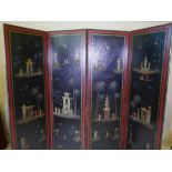 A late C19th/early C20th three fold canvas screen with lacquered finish and chinoiserie