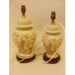 Two ceramic table lamps in the form of oriental balluster vases and covers, decorated with exotic