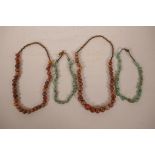 Four strings of Oriental, agate and turquoise beads, longest 24"