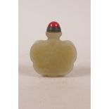 A Chinese grey jade snuff bottle with carved bird decoration and character inscription, 2½" high