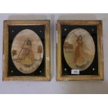 A pair of Regency silkworks, Summer and Autumn, in eglomise mattes, 12" x 9"