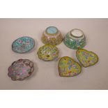 Two Chinese cloisonne rice bowls, 4" diameter, together with five small cloisonne pin trays