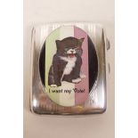A hallmarked silver cigarette case, with a later applied cold enamel plaque decorated with a cat and