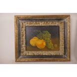 A pair of decorative 'Still life with fruit', crackle glaze prints on board, indistinctly signed