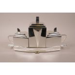 A silver plate Art Deco style three piece tea set and stand, 15" x 4½", 8½" high