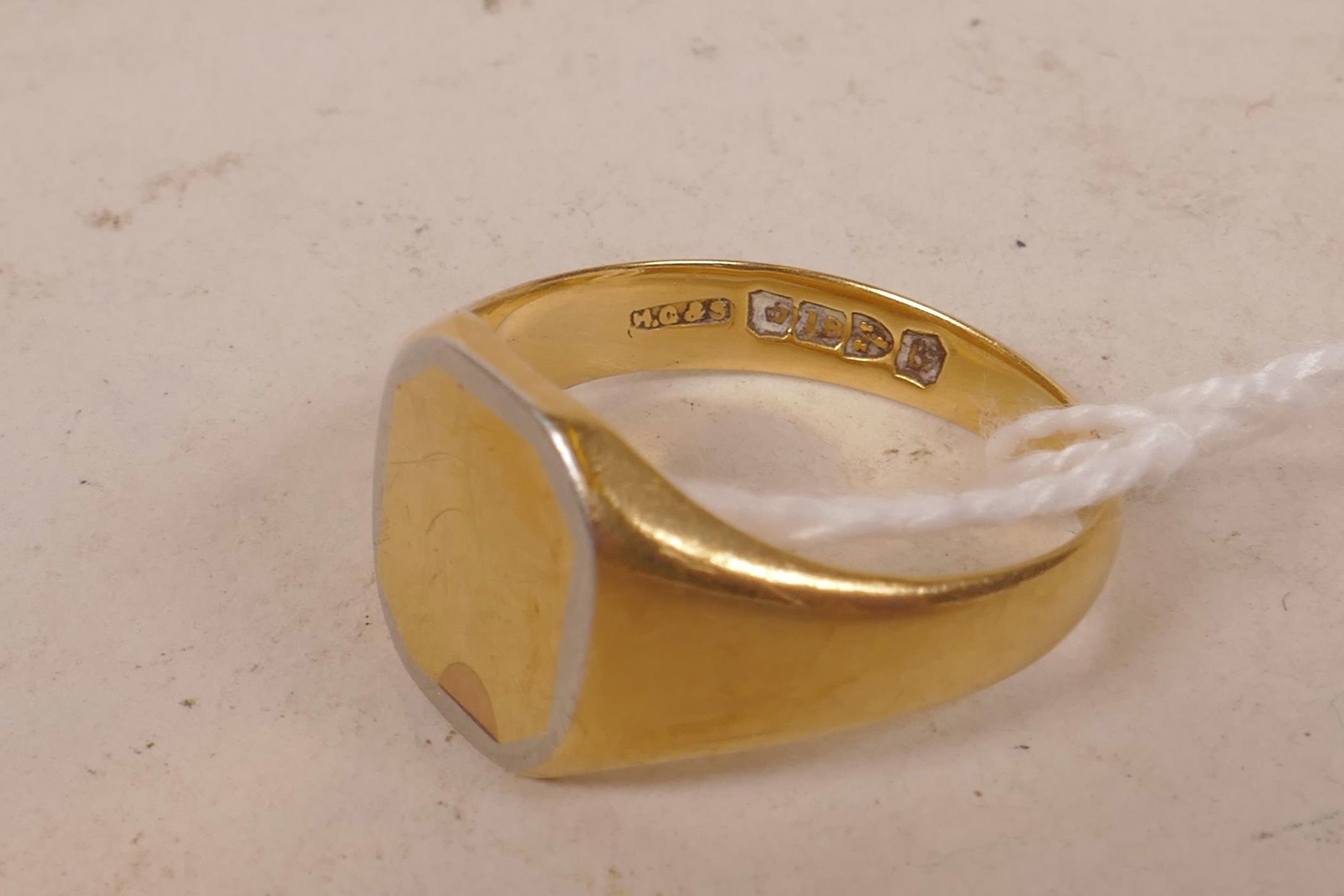 An 18ct gold signet ring with platinum embellished cushion face, size R/S, gross 7.9g - Image 2 of 2