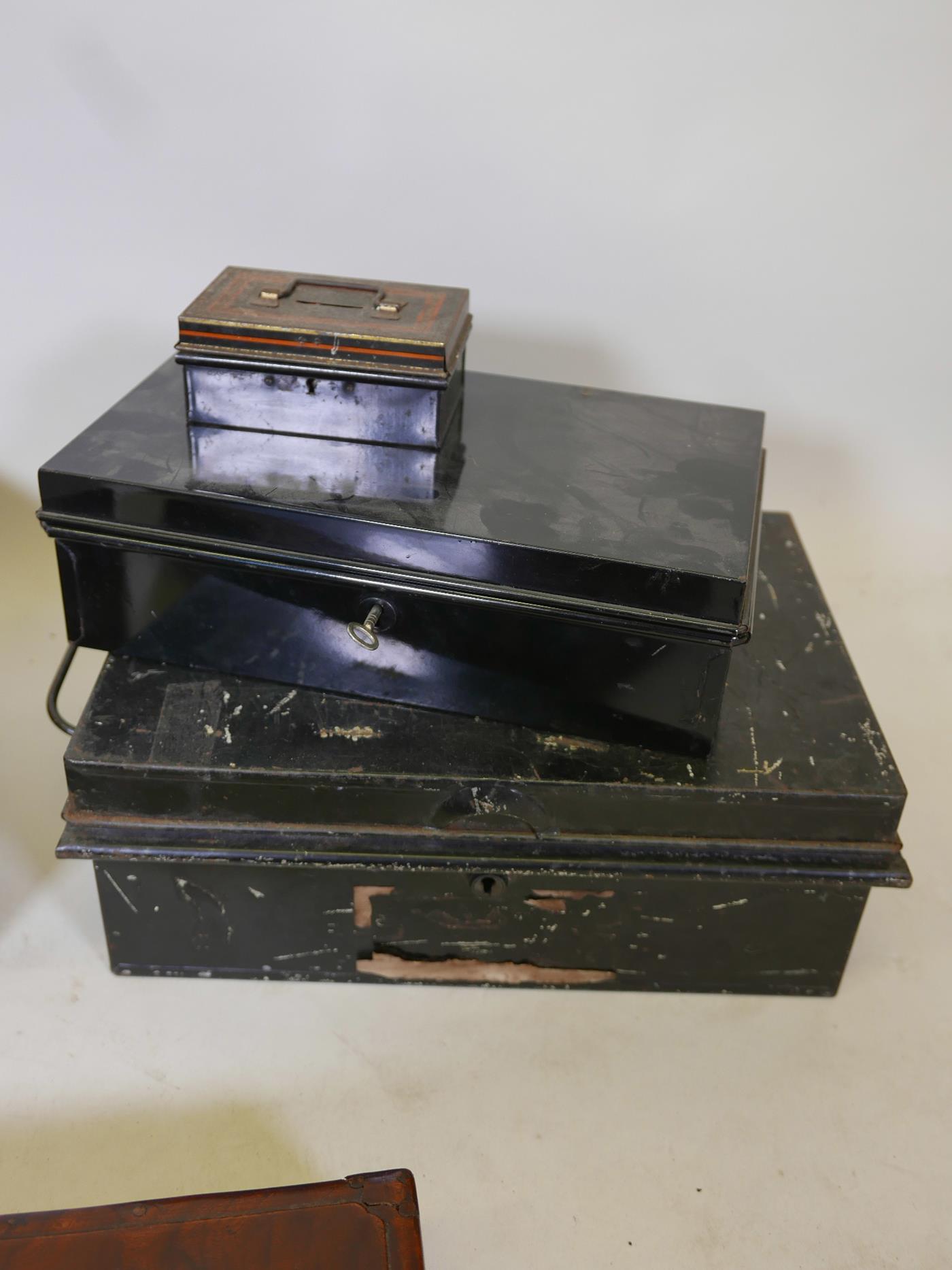 A Victorian mahogany writing slope, 12" x 21" x 8", an inlaid mahogany jewellery box, deed boxes, - Image 4 of 5