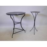 A wrought metal occasional table, 24" diameter x 28" high, and a similar jardiniere stand