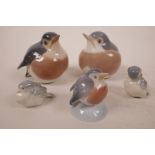 Five Royal Copenhagen, Denmark, Robin porcelain figurines No. 2268, 2266 and 2238, of various sizes,