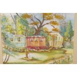 Maggie Pickering, Gypsy caravans, signed, watercolour, 16½" x 13"