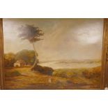A. Vickers, estuary scene with cottage and figures, signed lower left, C19th oil on canvas,