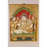 A C19th Indian hand painted icon of Krishna and two attendants, 15" x 20"