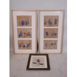 Seven Chinese watercolours on rice paper depicting Chinese pastimes, mounted in three frames, 9" x