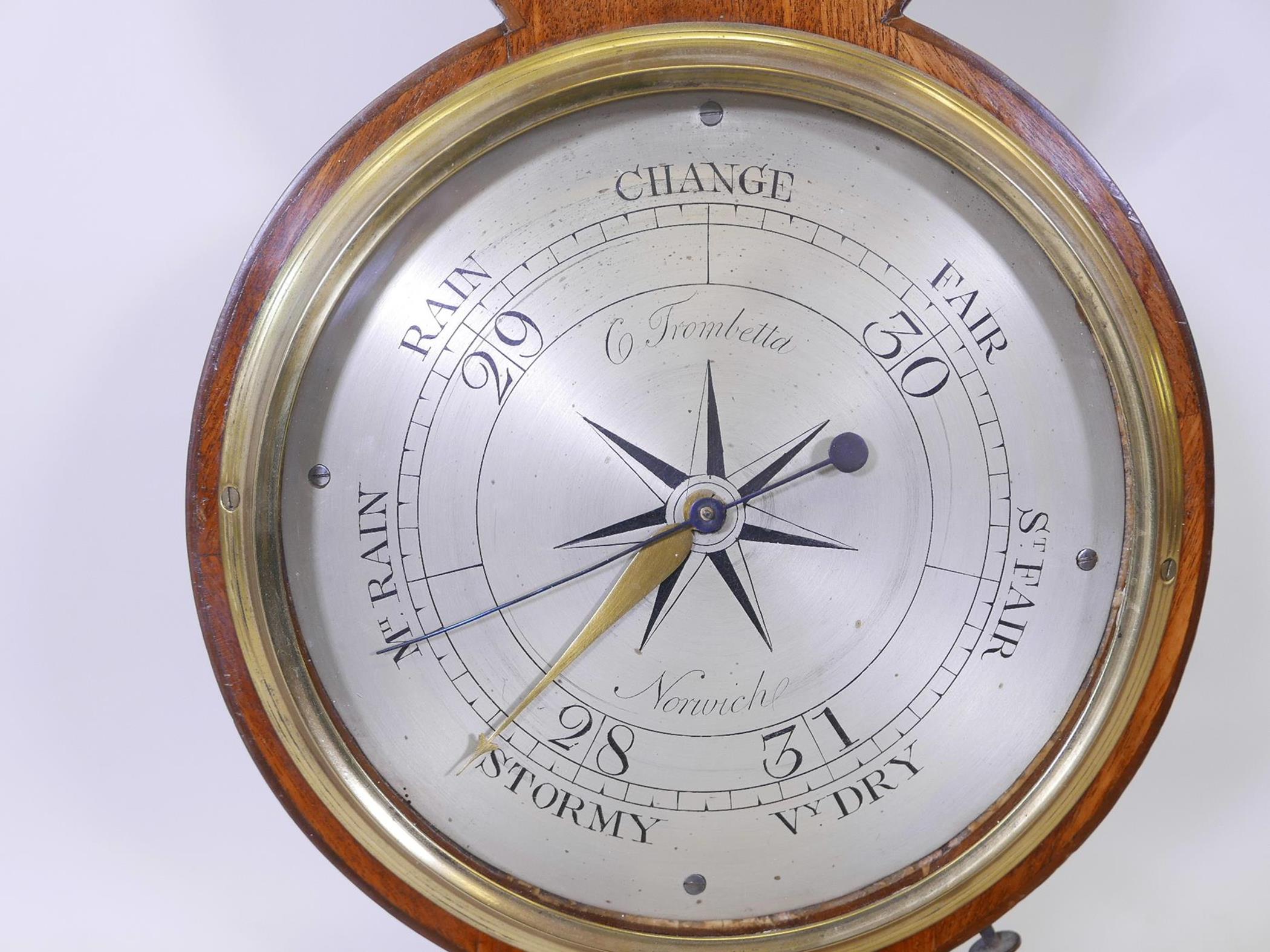 An early C19th inlaid mahogany banjo barometer, the silvered dial engraved C. Trombetta, Norwich, - Image 2 of 3