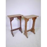 A pair of Gothic style oak side tables, early C20th, 22" x 12" x 34"