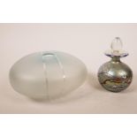 A hand blown art glass Okra perfume bottle with stopper, iridescent with white flowers, signed RSB