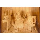 A Victorian carved lime wood picture of two old Scottish ladies having tea, traditionally dressed,
