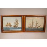American frigates, a pair of watercolours on print bases in maplewood frames, 13" x 16½"