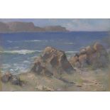 South African School, coastal view with distant mountains (possible Table Bay), signed 'Naude',