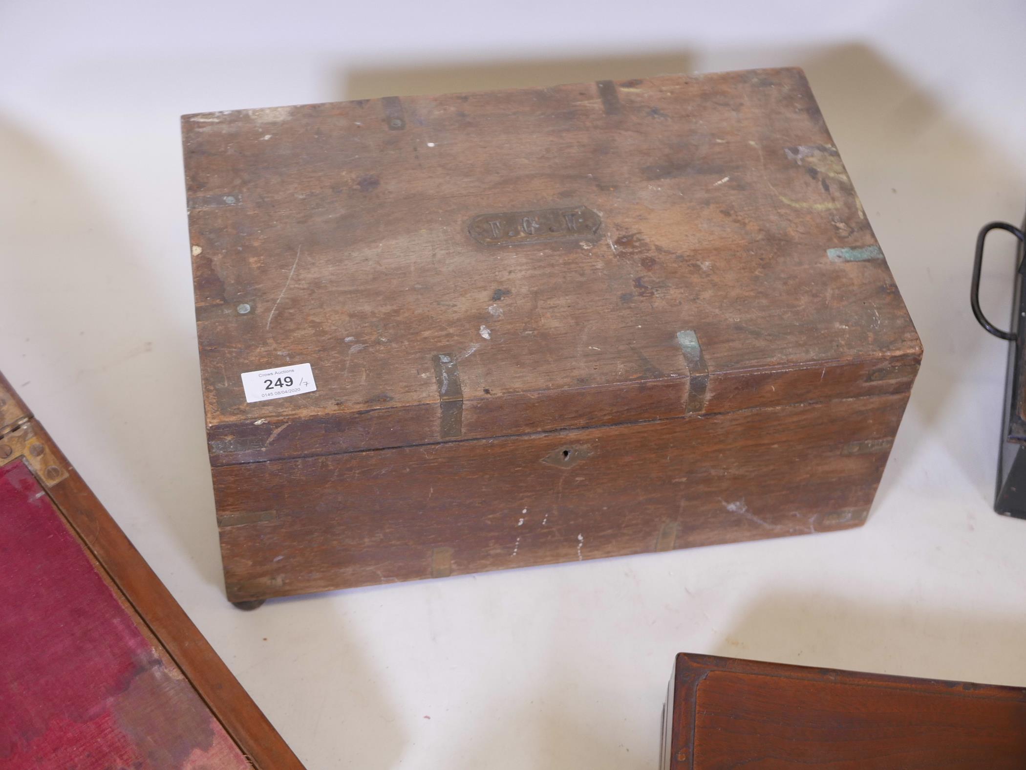 A Victorian mahogany writing slope, 12" x 21" x 8", an inlaid mahogany jewellery box, deed boxes, - Image 3 of 5
