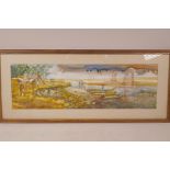 Indonesian river scene, indistinctly signed, watercolour, 6½" x 21"