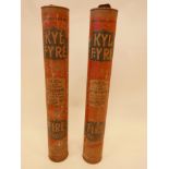 Two vintage 'KYLFYRE' powder fire extinguishers, manufactured by Kylfyre Ltd of Eastbourne, 20"