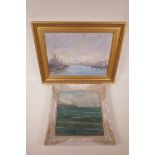 Boats in a harbour, oil, 10" x 14", and study of shipping at a harbour entrance, oil, 9½" x 9½"