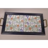 A wood framed tray inset with two William Morris pattern tiles, 14½" x 7½"