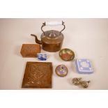 A mixed lot of items including an Arts & Crafts copper stand; a Victorian copper kettle with ceramic