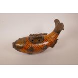 A Chinese cloisonne enamelled and bronzed metal censer in the form of a carp, impressed six