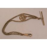A 9ct gold fancy belcher link double strand watch albert with T bar dog clips and swastika