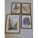 M. Okasha, Egyptian street scene, signed, watercolour, 7½" x 11½" together with a humorous cartoon