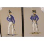 A pair of naval officers in C18th and C19th uniform, signed LK, watercolour and gouache, 10" x 15"