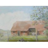 Unknown artist (mid C20th), a pastoral country scene of a barn with recumbant cows to the