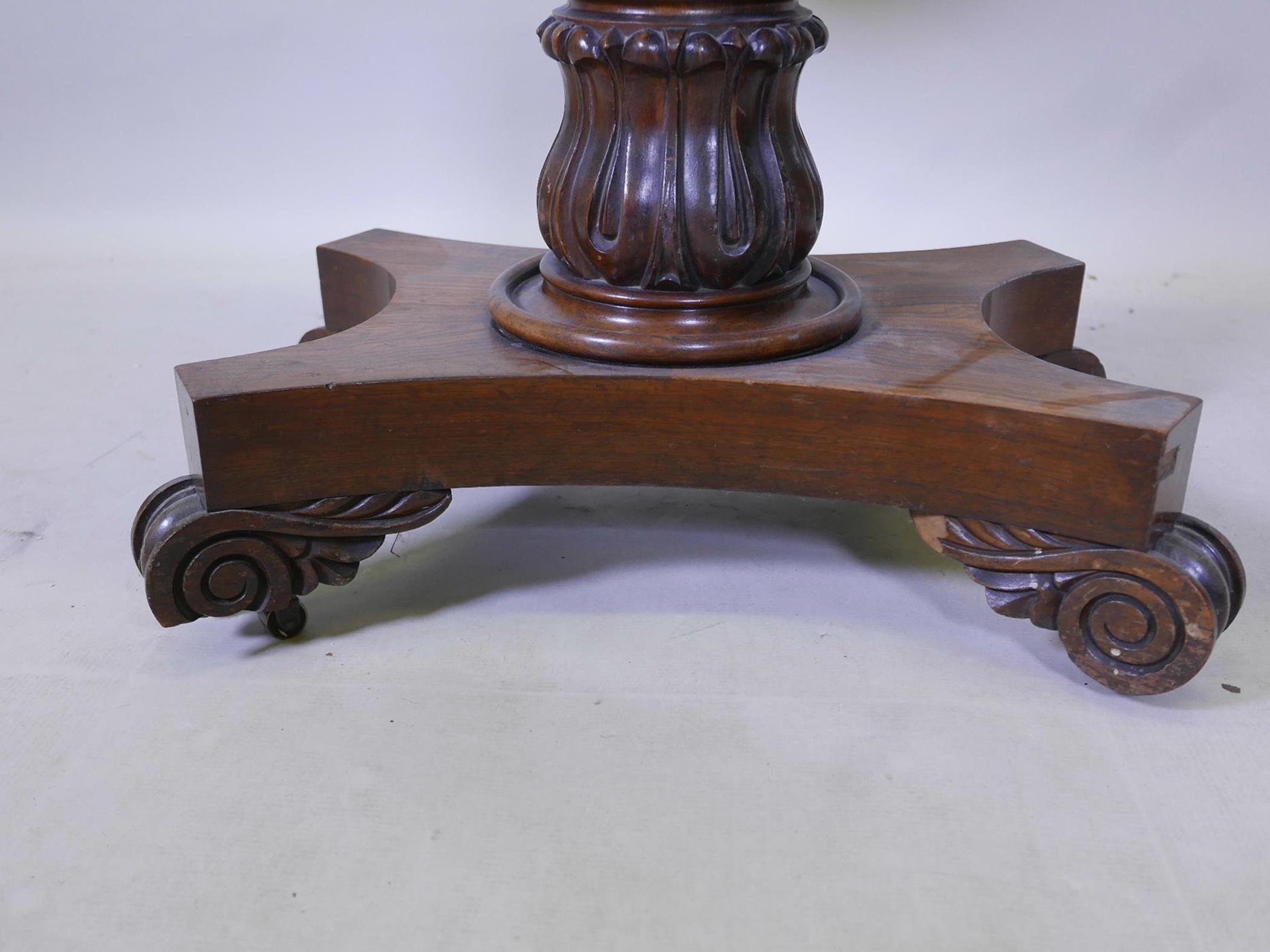 A William IV overgrained rosewood fold over card table, with inset baize top, raised on carved - Image 4 of 7