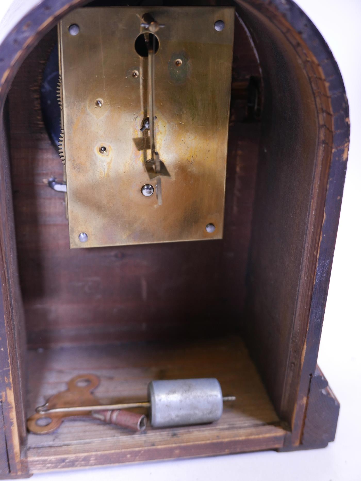 An oak cased dome top mantel clock by Bobby & Jennings of Ipswich, with silvered dial and Roman - Image 3 of 3