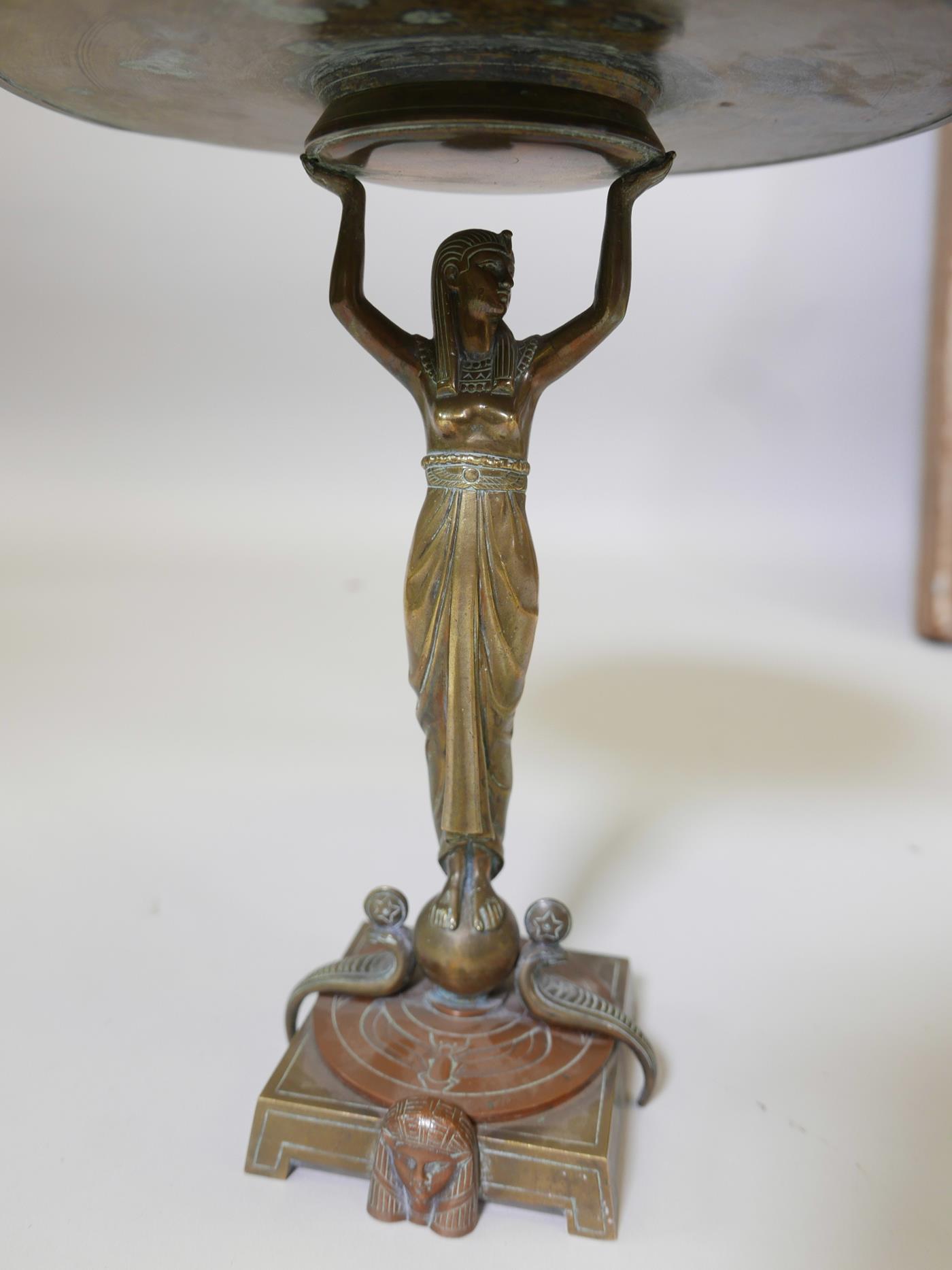 A French Art Deco brass and copper tazza, the top with engraved zodiac figures and a central - Image 2 of 6