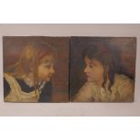 Attributed to George Elgar Hicks, a pair of portraits of children, oils on canvas, unframed, 14" x