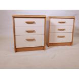 A pair of Stag three drawer bedside chests with white formica drawer fronts, 21" x 16½" x 24" high