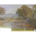 Landscape with fishermen by a river, unsigned, C19th oil on millboard, in a good giltwood frame, 12"